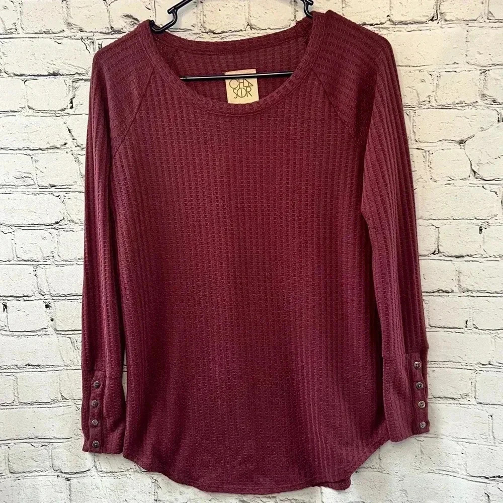 Chaser Revolve Burgundy Long Sleeve Waffle Knit Oversized Tee Small